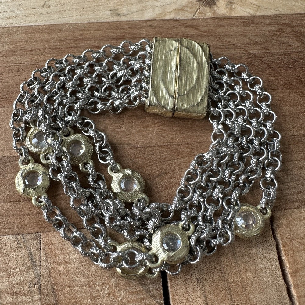 VTG‎ Multi Strand Chain Bracelet 6.75 Inch Magnetic Clasp Glass Bead Accent
